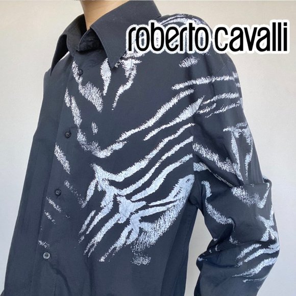 JUST CAVALLI BLACK DRESS SHIRT W/ ZEBRA DETAIL 🦓 - Picture 1 of 4